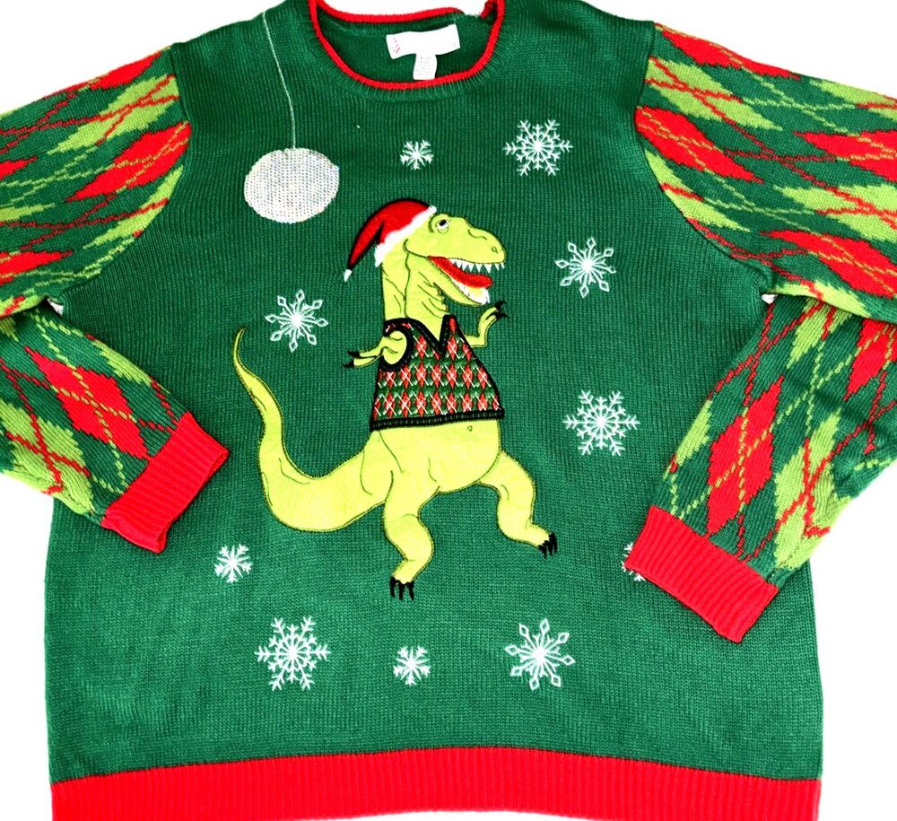 Jolly Sweaters Dinosaur T-Rex Dancing Disco Ball Ugly Christmas Sweater Size XL
